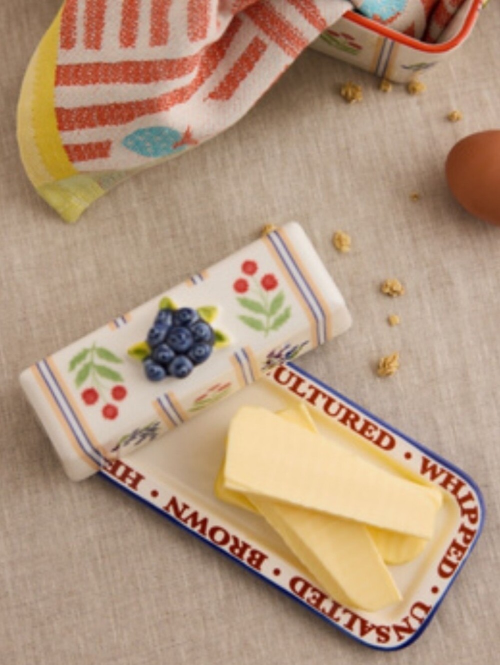 NWT LOTTA Hand-Painted Ceramic Butter Dish with Berry Motif